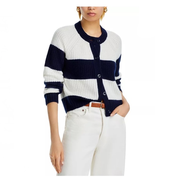 Luxurious 100% Cashmere Rugby Stripe Shaker Stitch Cardigan By Aqua in Navy / Iv - Picture 2 of 5